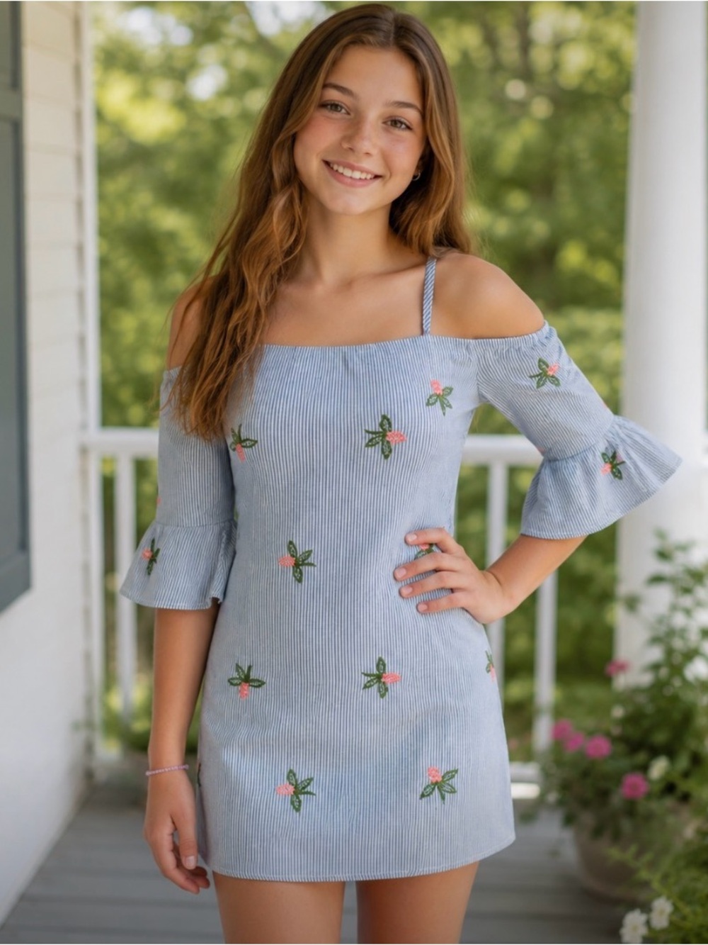 Hayden Los Angeles Blue Pinstripe Embroidered Off-Shoulder Dress